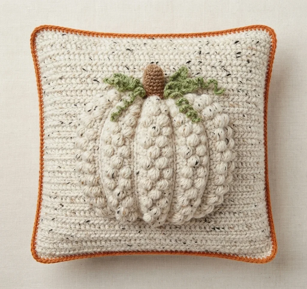 Finished ivory tweed crochet pillow with a raised white pumpkin, green vines, a brown stem, and an orange border.