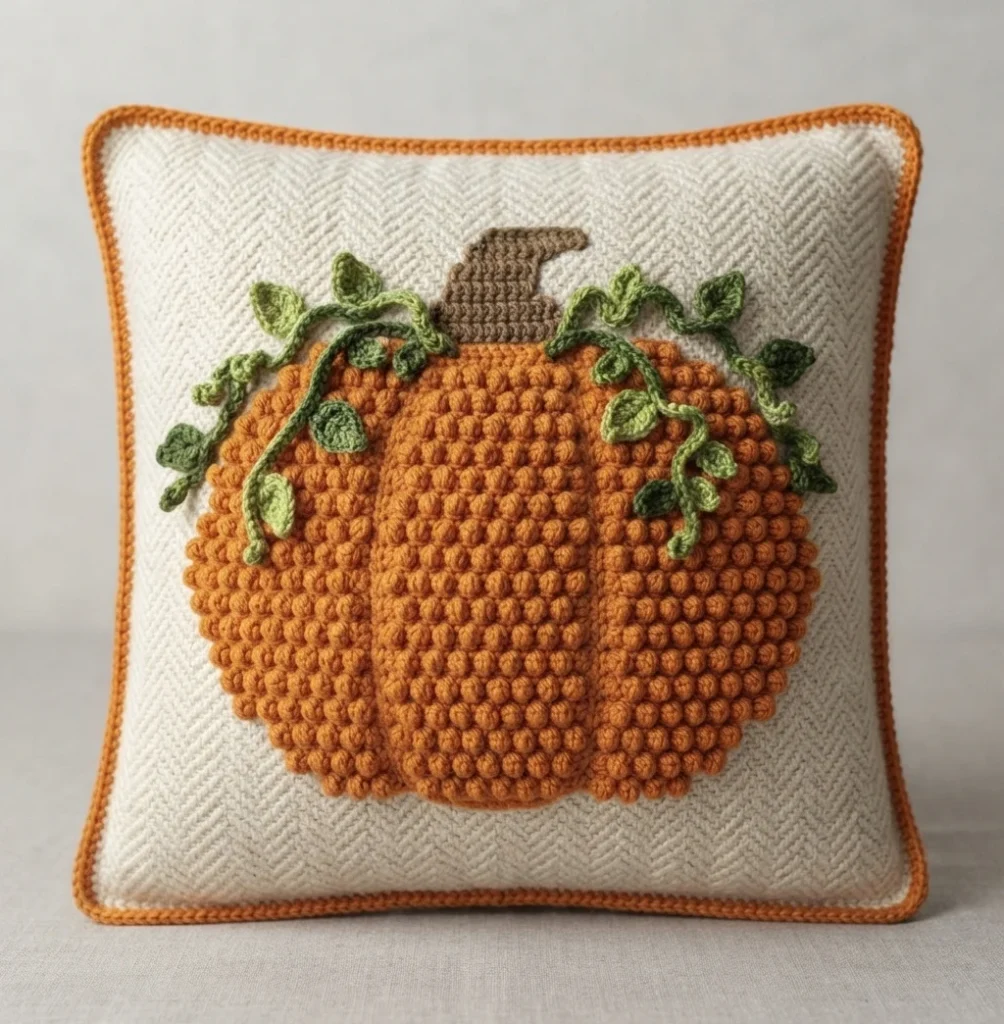 Coussin crocheté ivoire avec une citrouille orange en relief, une tige brune, des vrilles vertes et une bordure orange.