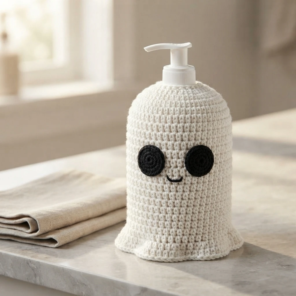 Crocheted cream-colored ghost soap cover with two black round eyes and a small embroidered smile, fitted over a white pump soap bottle on a bathroom counter next to a folded beige cloth.