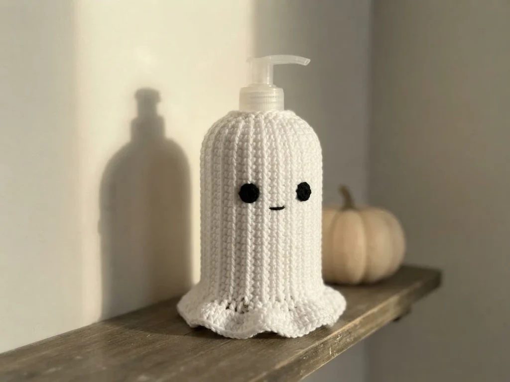 White crocheted ghost cover with black embroidered eyes and a small stitched mouth, fitted over a clear pump soap dispenser on a wooden shelf, with a pale decorative pumpkin behind it and the bottle shadow cast on the wall.