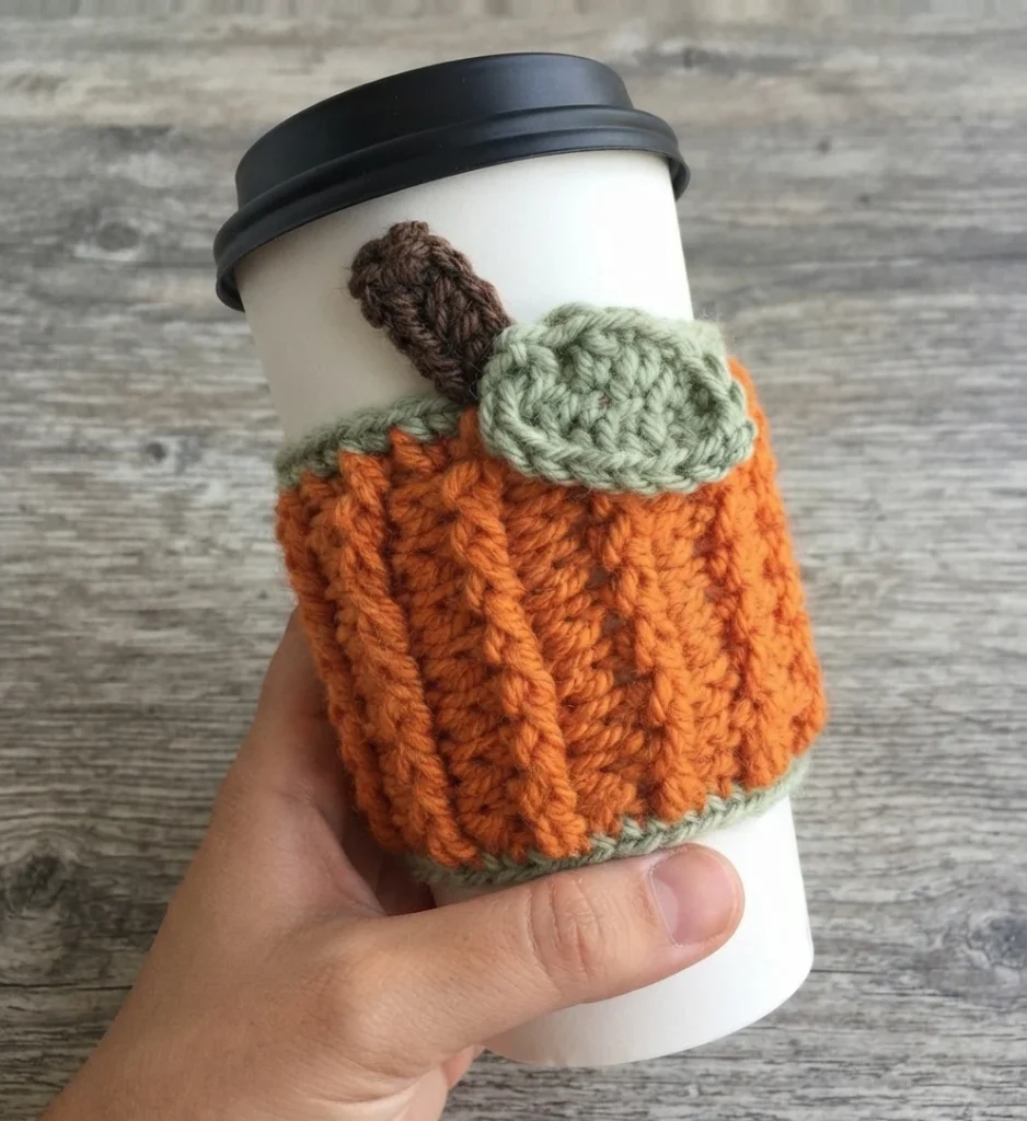 Une main tient un gobelet blanc avec couvercle noir et cache-tasse au crochet orange, orné d’une feuille verte et d’une tige brune.