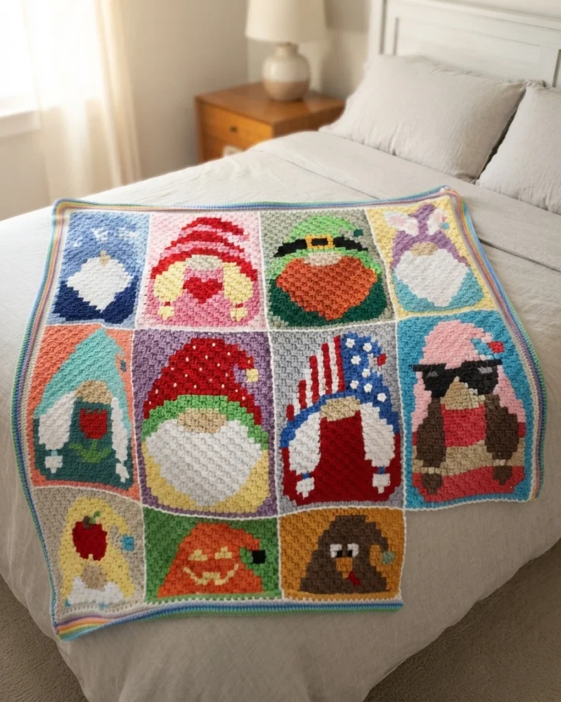 Couverture au crochet composée de panneaux colorés à motifs de gnomes, étalée sur un lit.
