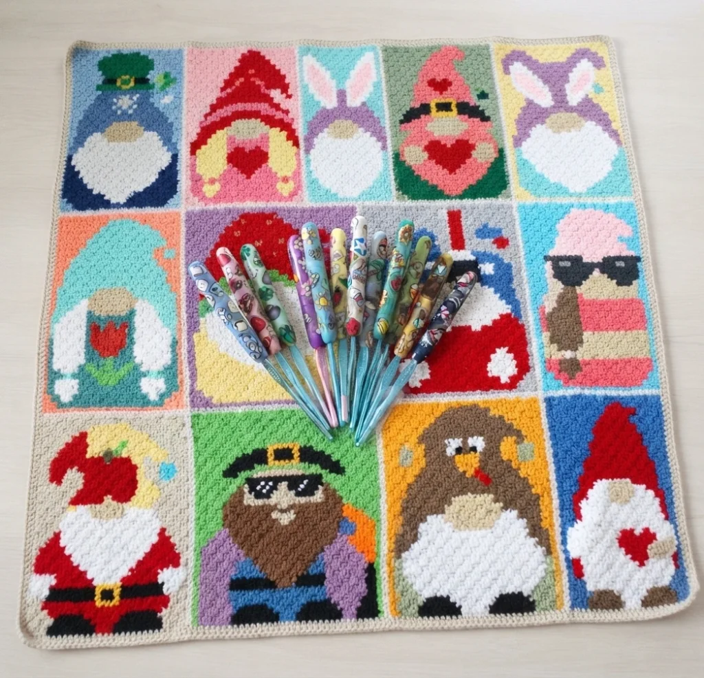 Couverture au crochet composée de panneaux colorés représentant des gnomes, avec des crochets décorés posés au centre.
