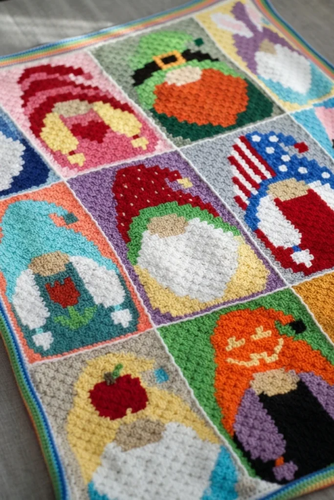 Close-up of a colorful C2C crochet blanket joined from seasonal gnome panels, with a striped border.