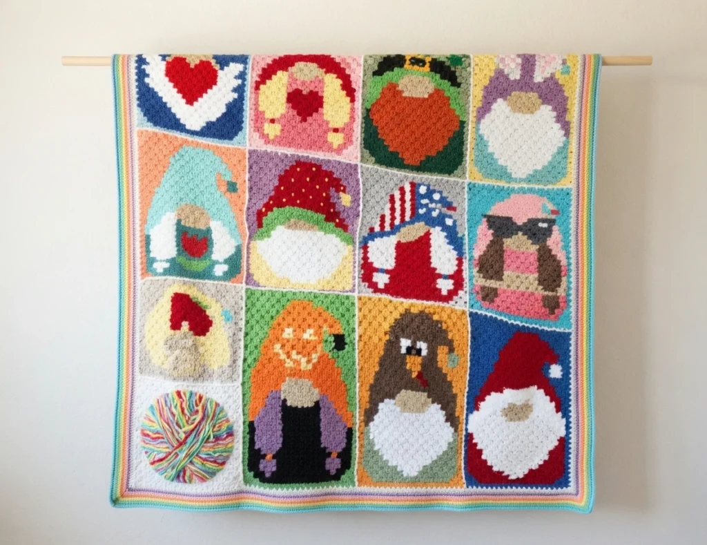 Couverture crochetée colorée composée de carrés illustrés de gnomes saisonniers, suspendue à une tringle.