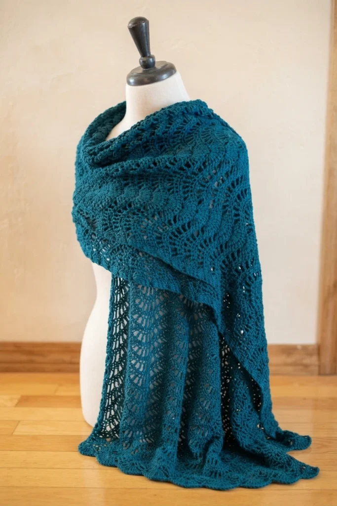 Dark teal crochet shawl in a feather and fan wave stitch draped over a white dress form, its openwork fabric falling in soft folds above a wooden floor.