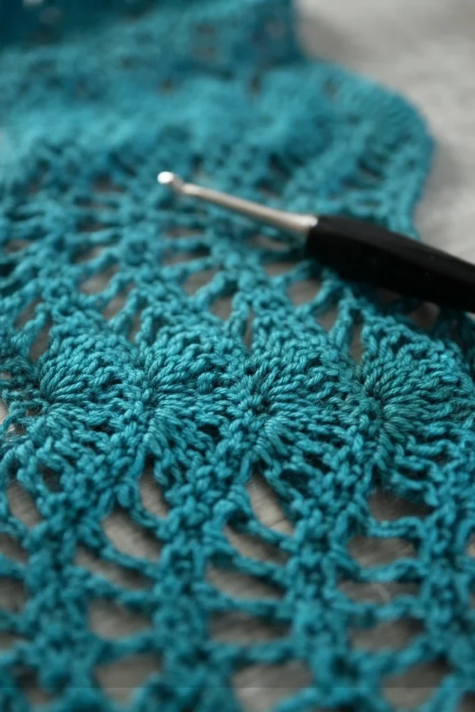 Close-up of teal crochet feather and fan lace fabric with a black-handled crochet hook resting across the openwork stitches