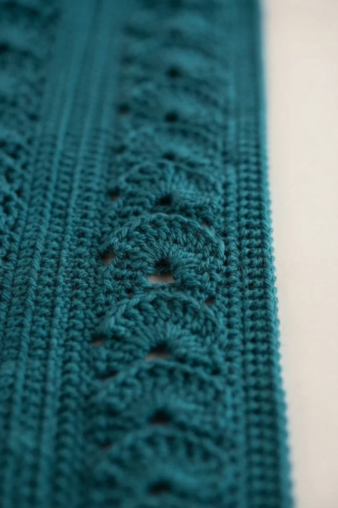 Close-up of teal crochet fabric with rows of openwork fan and shell motifs separated by denser single crochet bands, photographed against a plain light background.