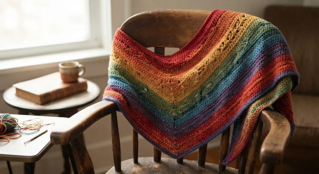 A triangular crochet shawl worked in rainbow stripes of open wave stitch, draped over the back of a wooden chair, with a mug and a book on a small round table and a ball of yarn with a hook on a side table nearby.