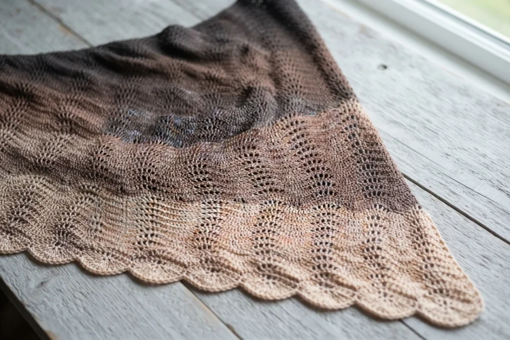 A crocheted shawl in dark brown, taupe, and peach tones, spread on a wooden table with its scalloped edge visible.