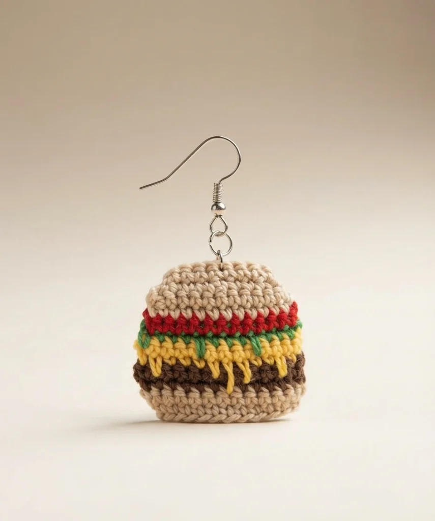 Close-up of a single crocheted hamburger earring with a metal hook: tan bun top and bottom, red tomato, green lettuce, yellow dripping cheese and brown patty layers, on a plain beige background.