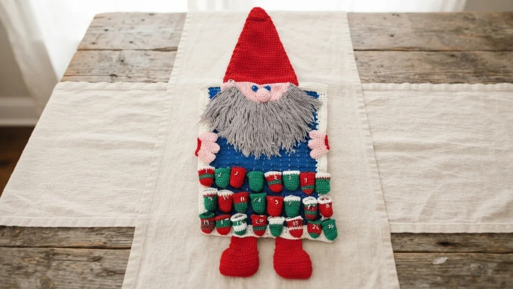 Crocheted gnome advent calendar laid flat on a linen table runner over a wooden table, with a tall red hat, fluffy grey beard, pink nose, blue body and rows of small numbered red and green baskets, plus red boots