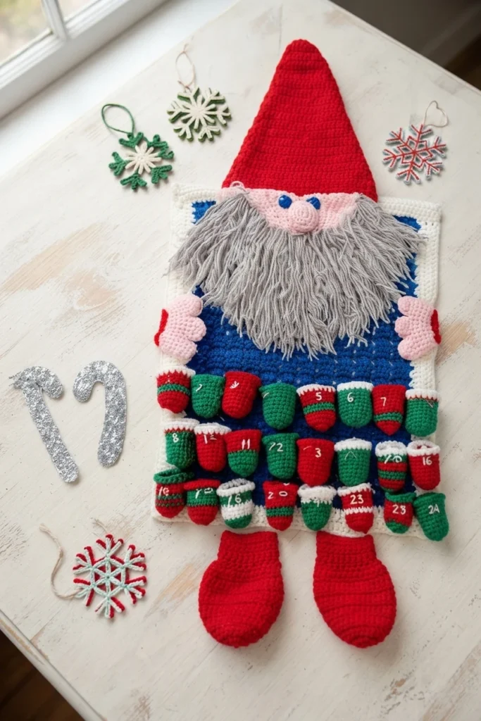 Finished crocheted gnome advent calendar on a white wooden table, with a tall red hat, fluffy gray yarn beard, pink nose and mittened hands, blue body edged in white, rows of numbered red and green mini baskets, red boots at the bottom, and