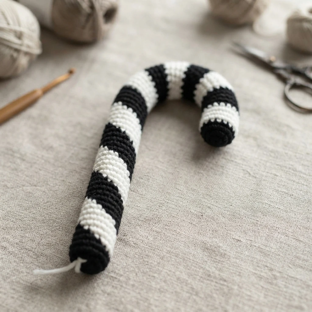 Crocheted black and white striped candy cane resting on a linen surface, with balls of yarn, a wooden crochet hook and scissors in the background.