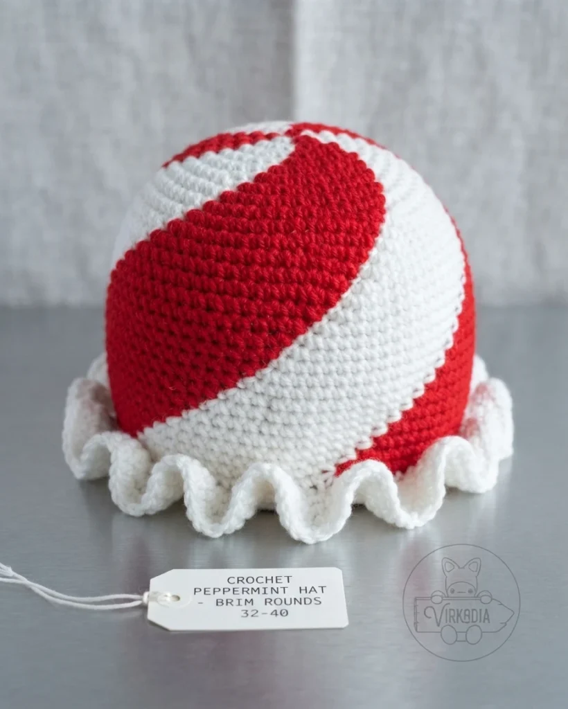 Red-and-white spiral crochet hat with a white ruffled brim, shown from the back.