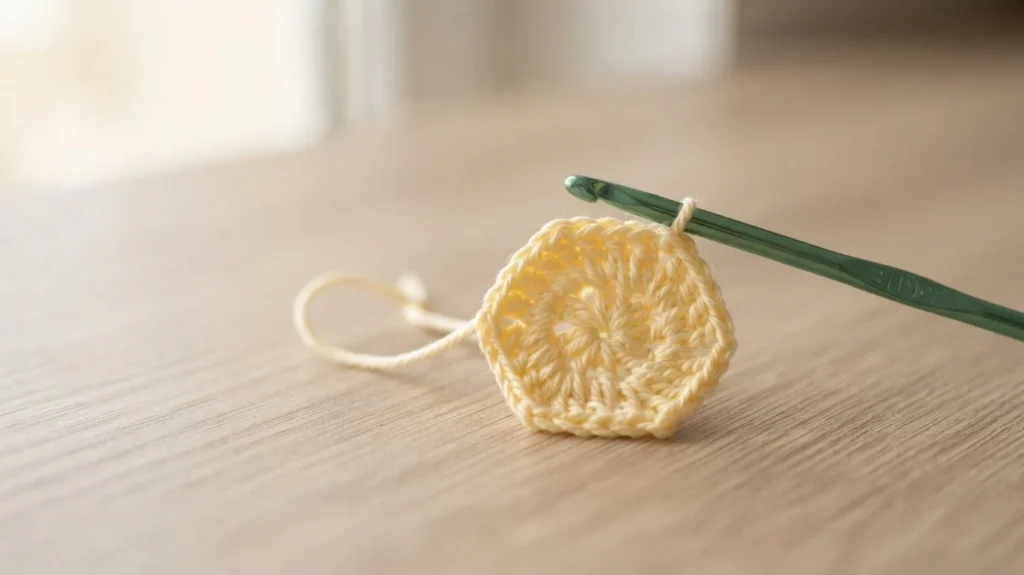 Small pale yellow crocheted hexagon motif resting on a wooden table with a green crochet hook inserted in its edge and a loose yarn tail trailing.