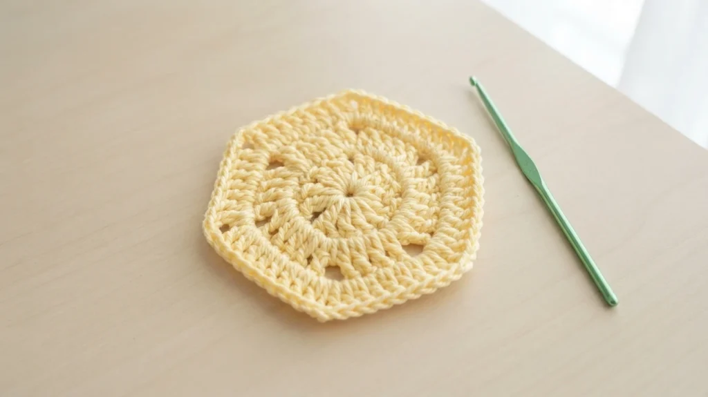 Pale yellow crocheted hexagon motif resting on a light wooden table with a green crochet hook beside it