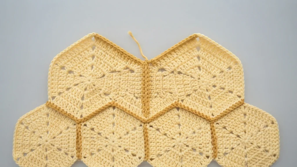 Cream crochet hexagons joined with mustard seams, laid out flat on a plain background