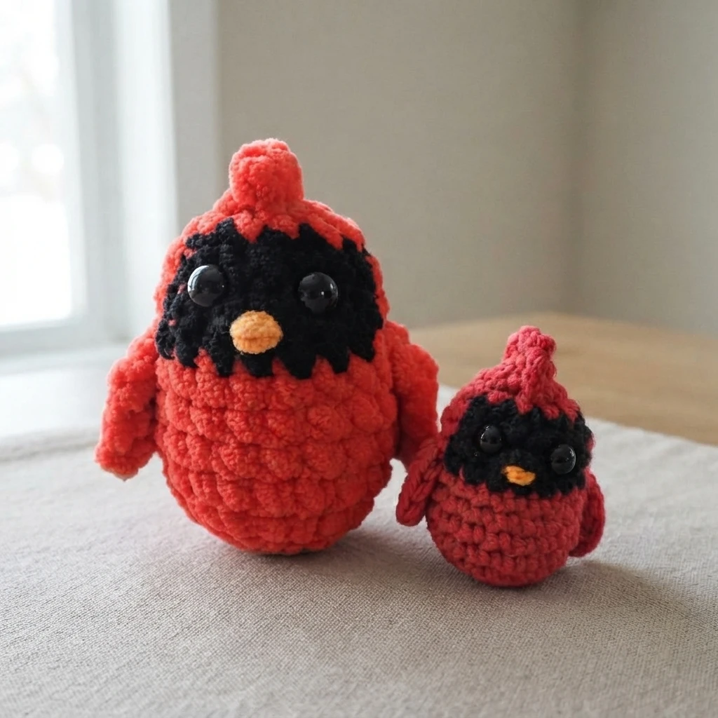 Two crocheted cardinal birds with red bodies, black faces, orange beaks, shiny eyes, wings, and crests sit on a light fabric surface.