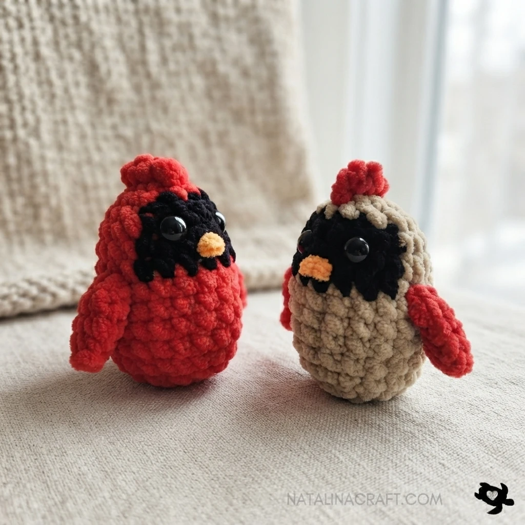 Two crocheted birds sit on a fabric surface: one is red, and the other is beige with red wings. Both have black face patches, shiny eyes, orange beaks, and red crests.