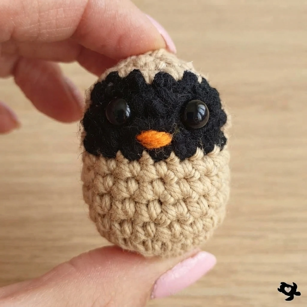 A small beige crocheted bird body with a black face, glossy eyes and an orange beak, held between fingers.
