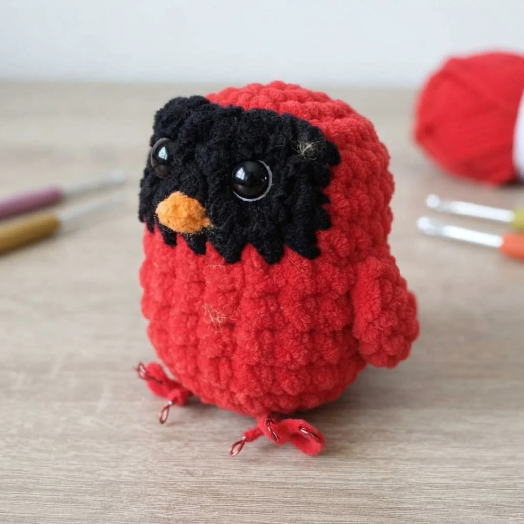 Un cardinal au crochet rouge avec un masque noir, un bec orange, des ailes et des pieds, posé sur une table près de fournitures de crochet.