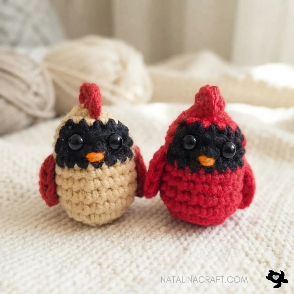 Two crocheted cardinal plushies, one beige and one red, with black face patches, orange beaks, plastic eyes, red crests and wings, sitting on a light knitted fabric.