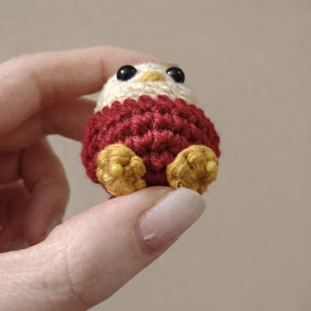 Petit oiseau crocheté à tête crème, corps bordeaux et pieds jaunes, tenu dans une main.