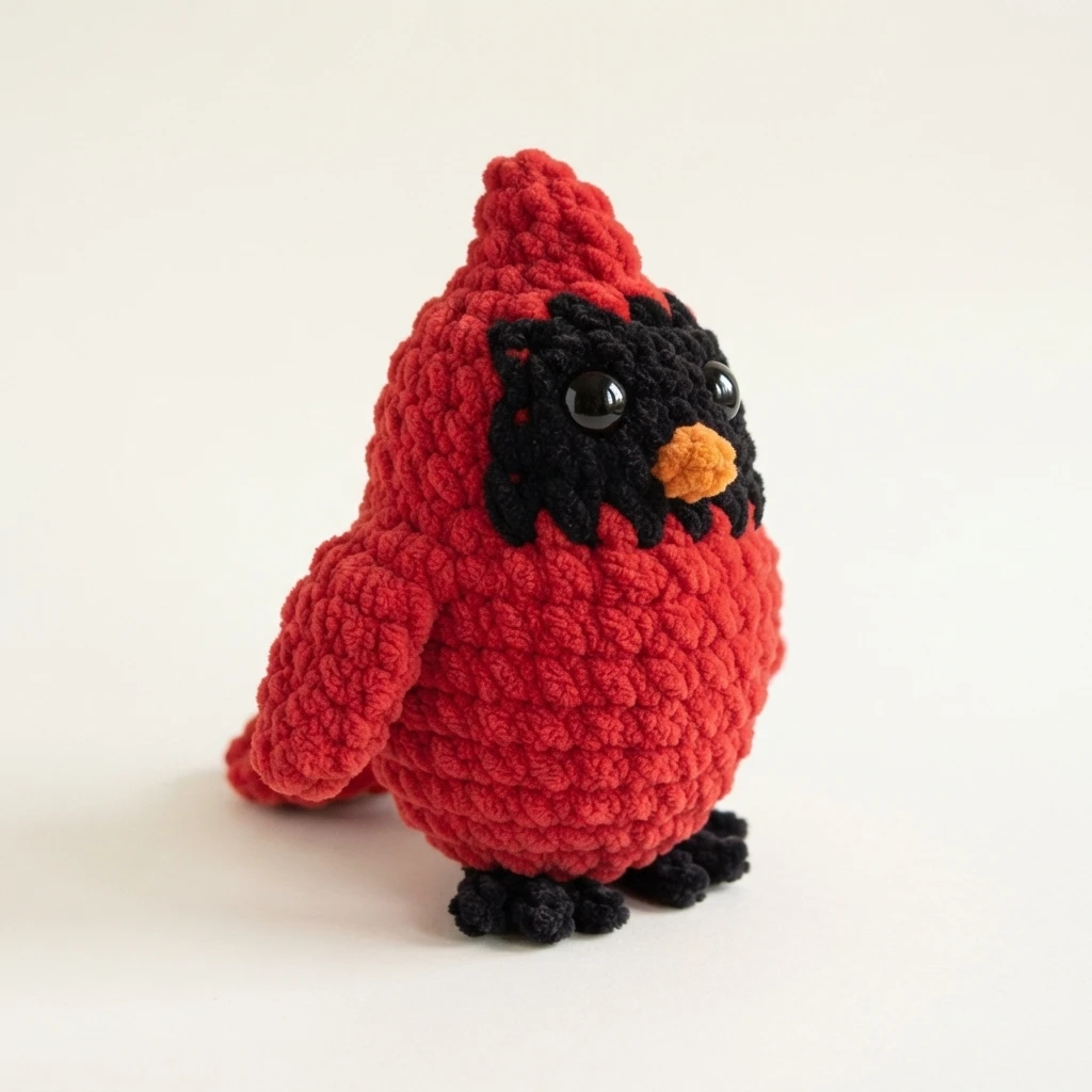 A red crocheted cardinal with a black face, orange beak, raised crest, wings, and small black feet on a pale surface.