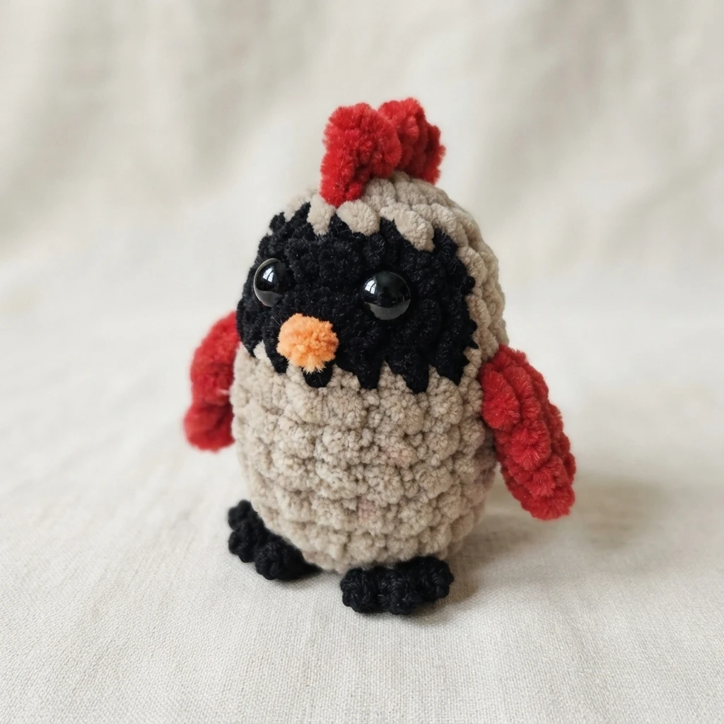 Oiseau cardinal au crochet beige, avec des ailes et une huppe rouges, un masque noir, un bec orange et des pieds noirs.