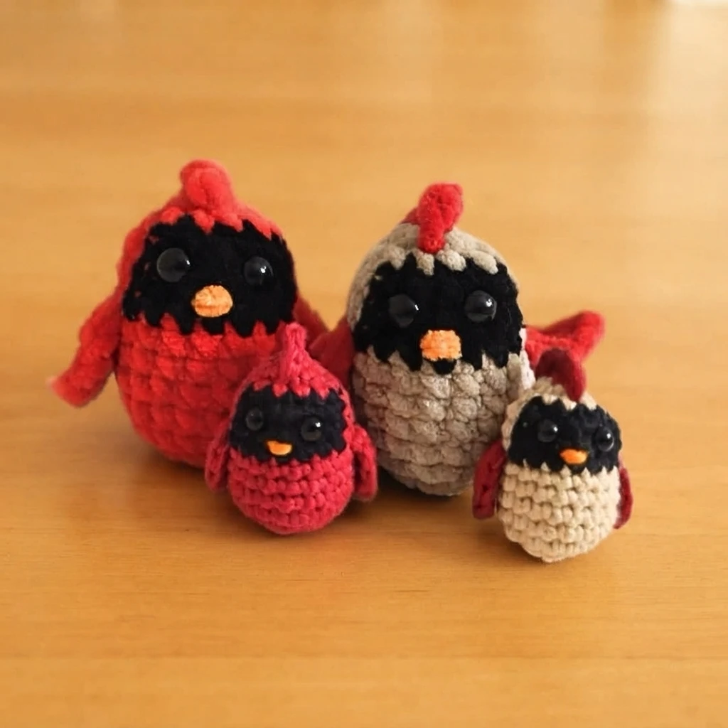 Four crocheted cardinal figures in two sizes: two red birds and two beige birds, each with a black face, orange beak, and shiny eyes, posed on a wooden surface.