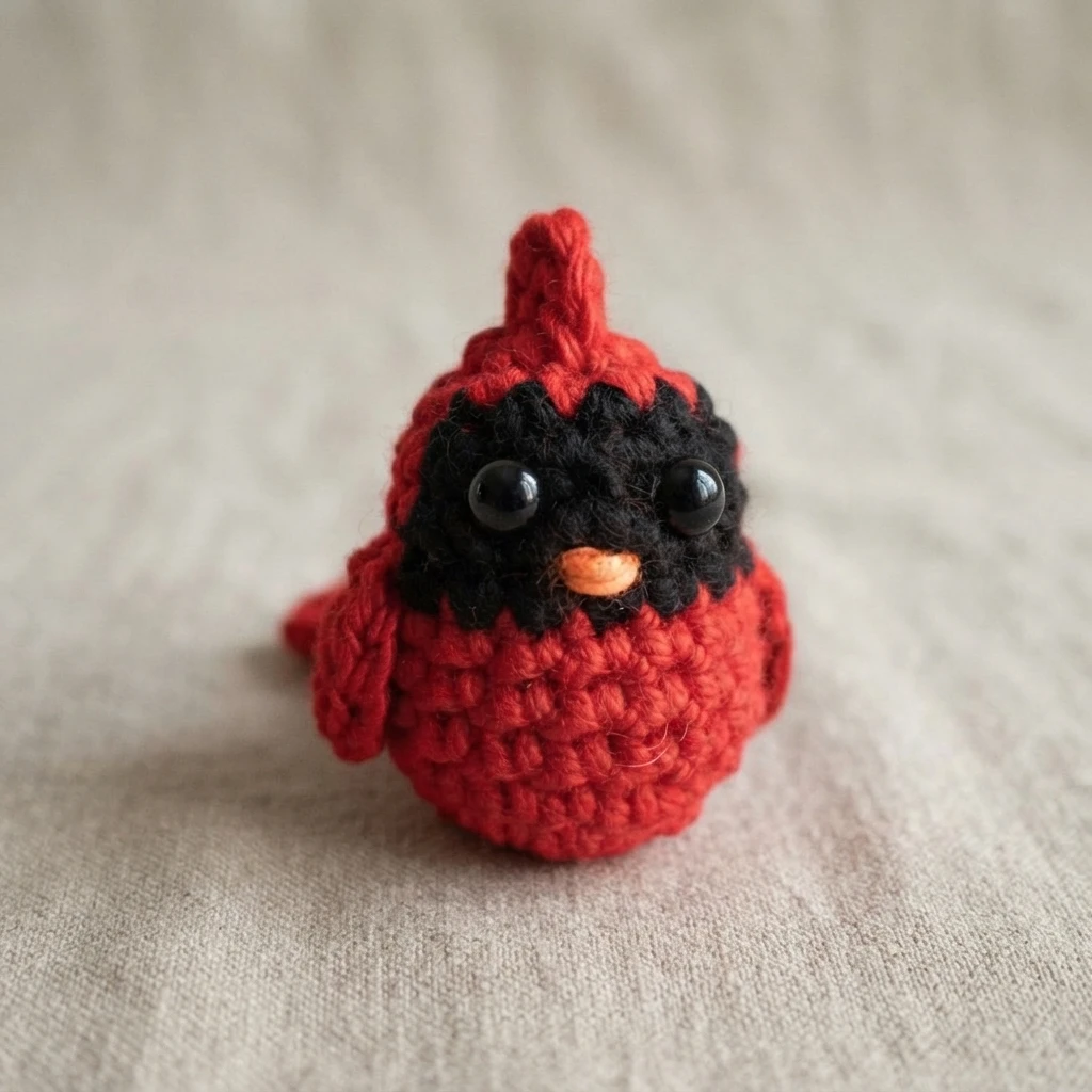 Petit cardinal au crochet rouge avec un masque noir, des yeux brillants, un bec orange et une huppe dressée, posé sur un tissu beige.