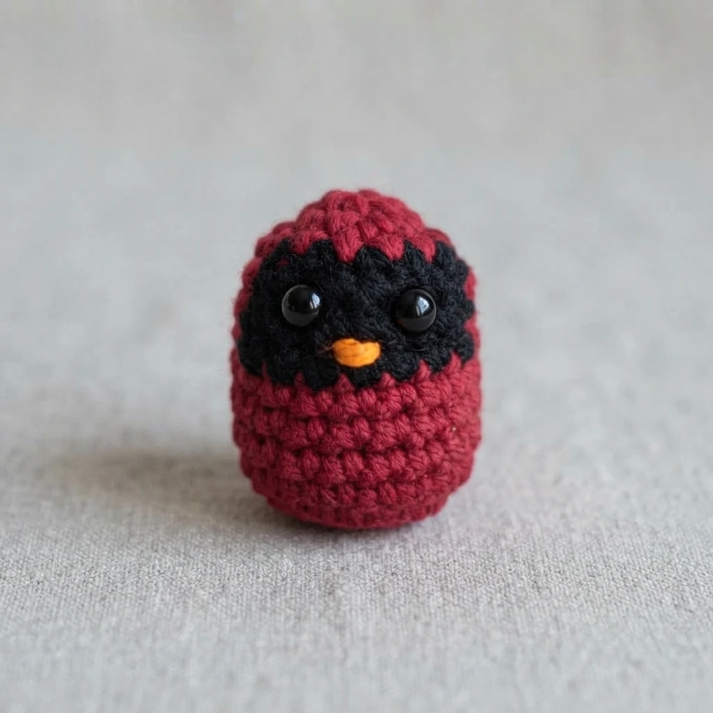 Petit oiseau crocheté rose foncé avec un masque noir, des yeux noirs et un petit bec orange, posé sur un tissu gris.