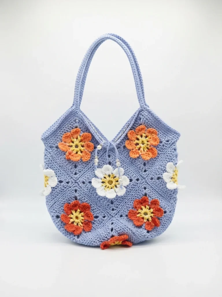 A light blue crocheted granny-square bag decorated with orange and white flower motifs, hanging by its strap against a plain white background.
