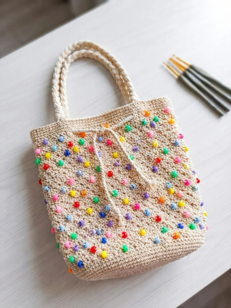Finished cream crocheted bucket bag with multicolor beads, braided handles and a drawstring, on a white table next to three crochet hooks.