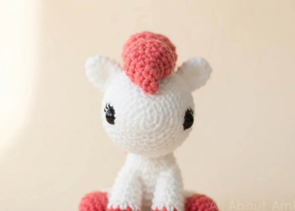 White crochet pony with coral mane and coral hooves, facing the camera against a pale background.