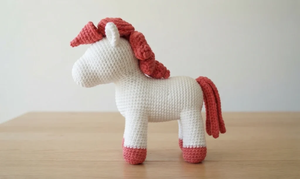 Crochet pony with white body and coral mane, hooves and tail, standing on a light wooden surface.