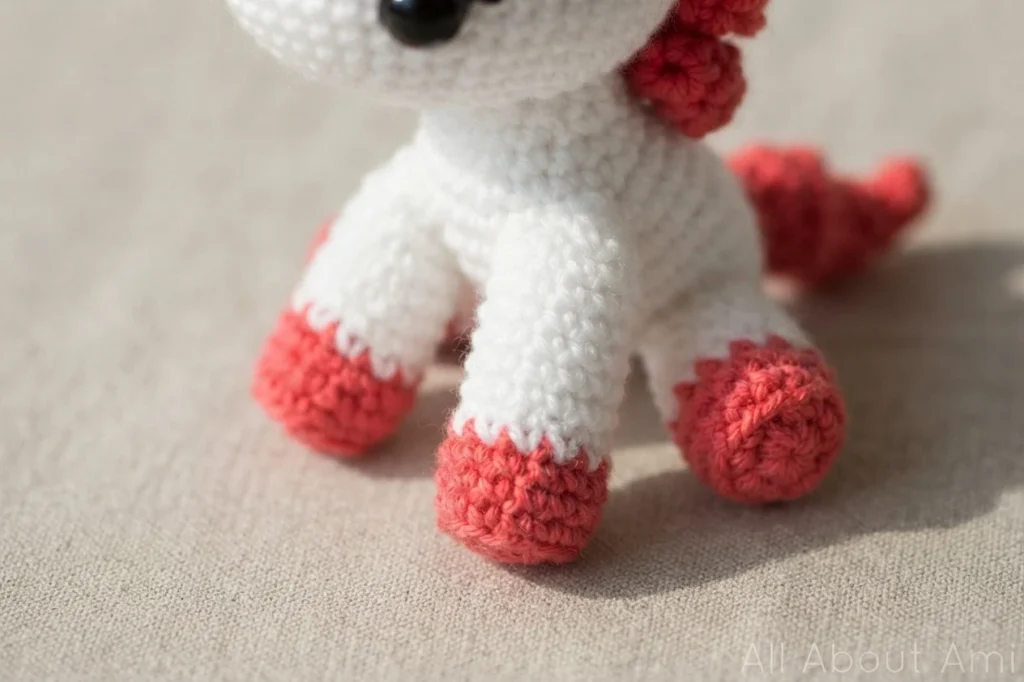 Close-up of a white crocheted pony with coral hooves, mane and tail resting on beige fabric