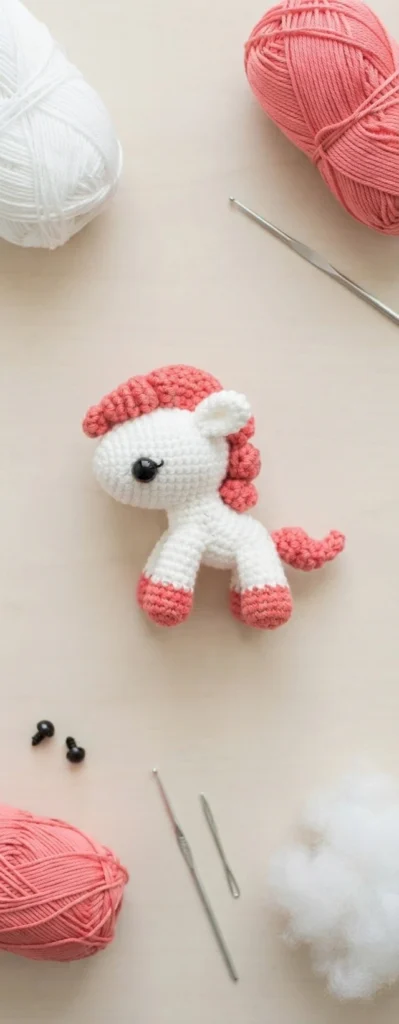 White crochet pony with coral mane, tail and hooves on a beige surface surrounded by yarn, crochet hooks, safety eyes and fiberfill.