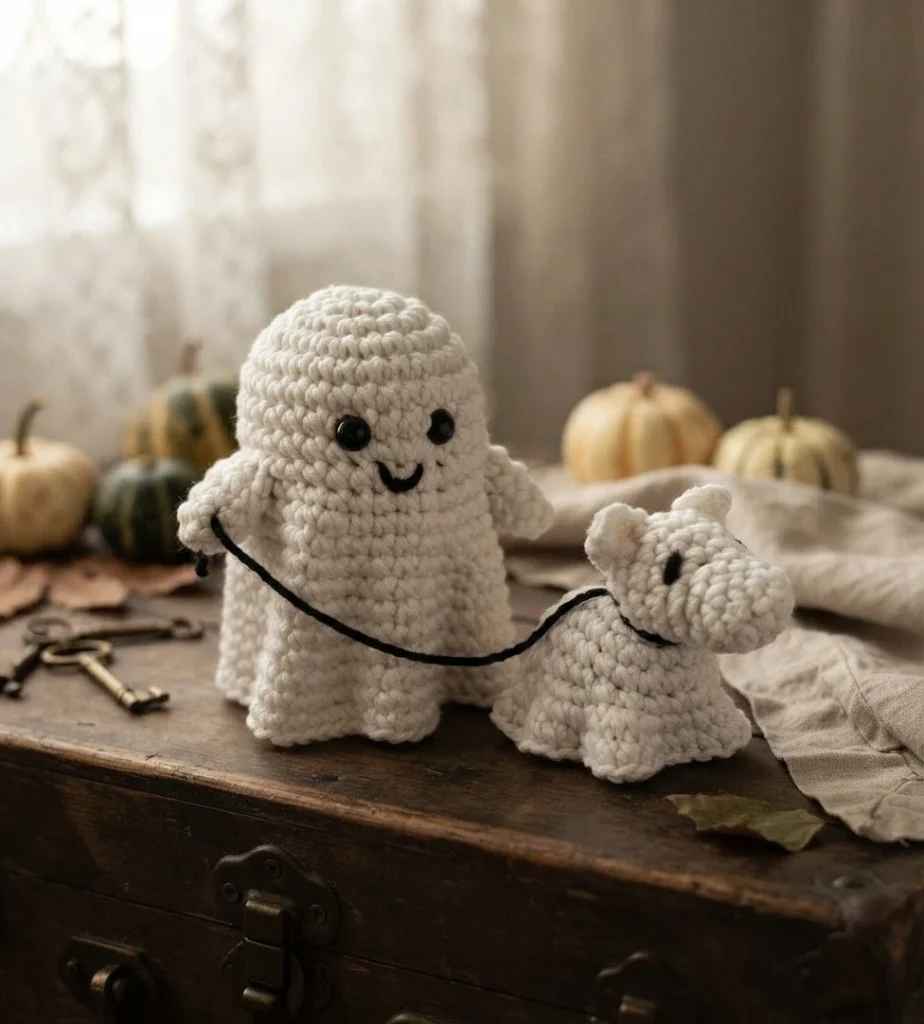 A crocheted smiling ghost walks a small crocheted dog on a black leash, displayed on a wooden table with pumpkins.