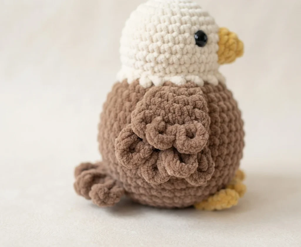 Crochet eagle seen from the side with a white head, gold beak, brown body and brown looped tail feathers