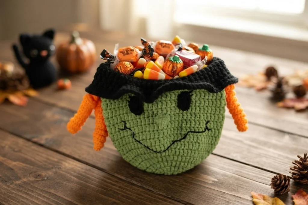 Sac crocheté vert en forme de visage de sorcière, avec chapeau noir, cheveux orange et bonbons qui dépassent.