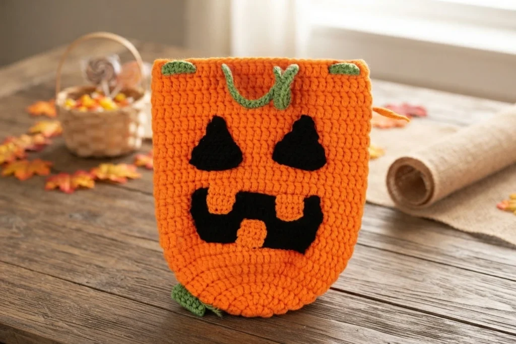 Sac au crochet orange décoré d’un visage de citrouille noir et de détails verts, posé sur une table en bois avec des feuilles d’automne et un panier de bonbons en arrière-plan.