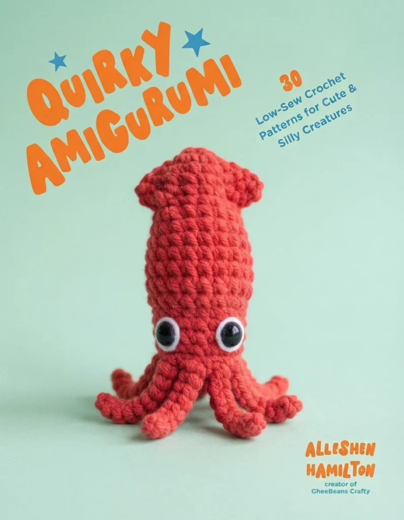 Crocheted coral red squid amigurumi with large round felt eyes on a pale mint background with Quirky Amigurumi title text