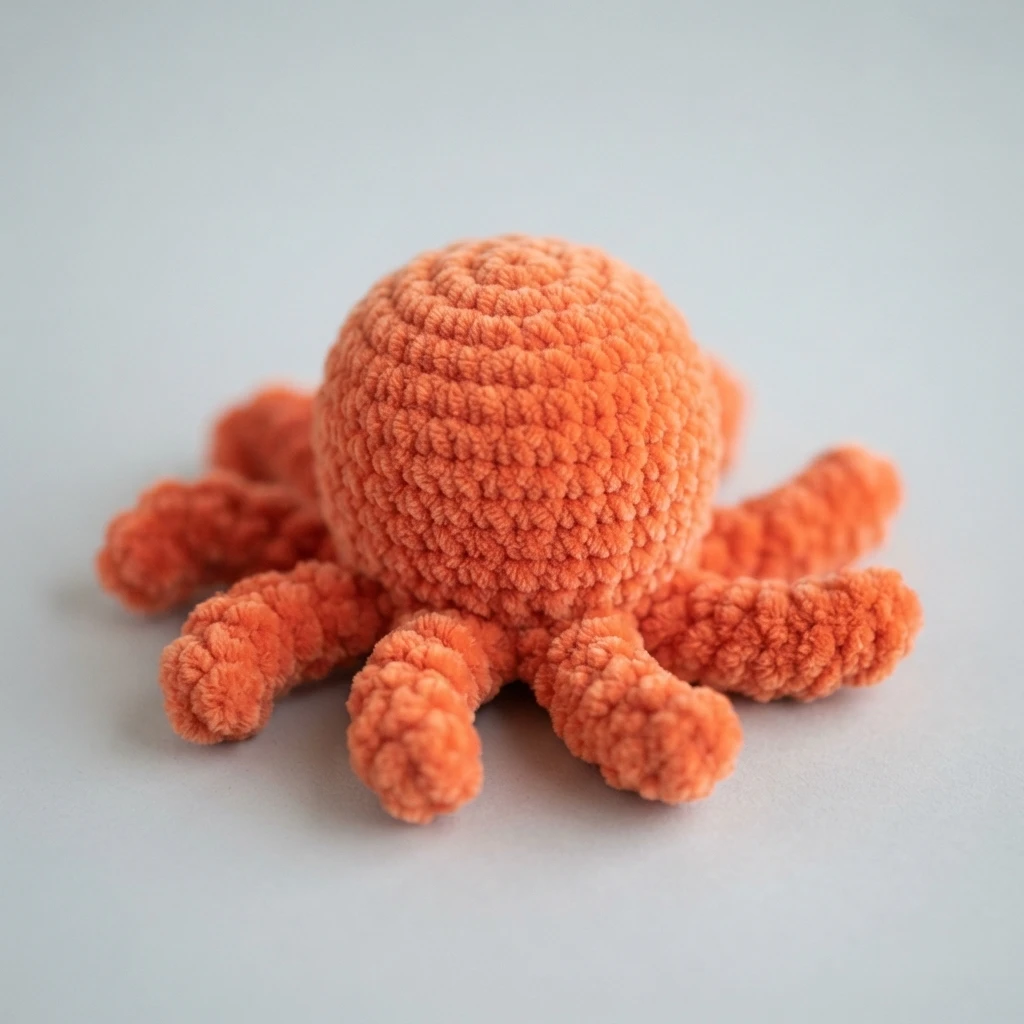 Coral orange crocheted squid amigurumi with a rounded body and eight short tentacles, viewed from underneath