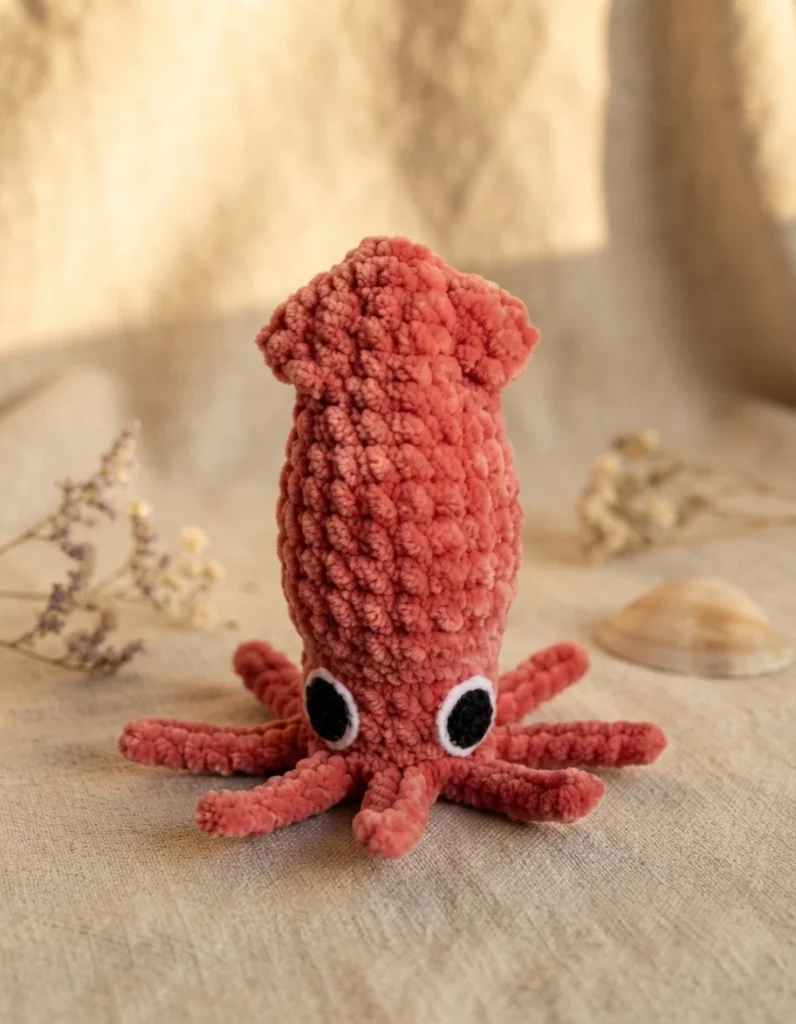 Coral crocheted squid amigurumi with large black and white felt eyes, standing on beige fabric with a shell and dried flowers nearby.