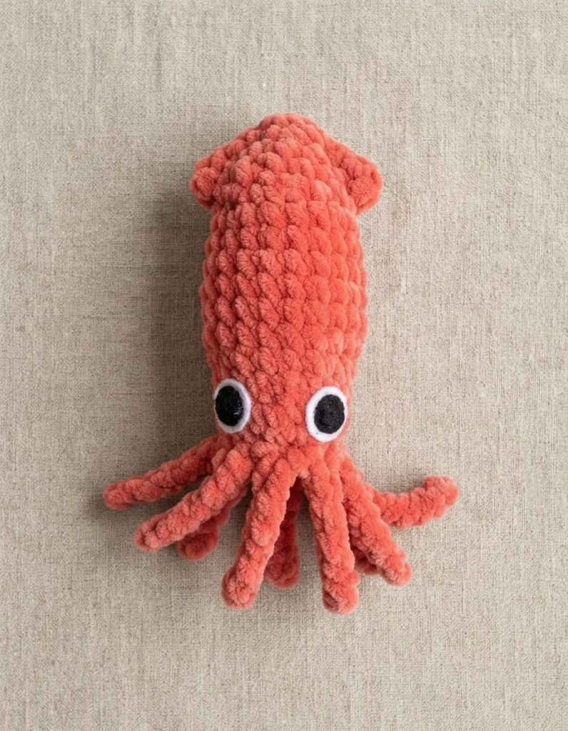Coral-red crocheted squid amigurumi with large black-and-white felt eyes, tentacles and head fins, shown on a neutral linen background.
