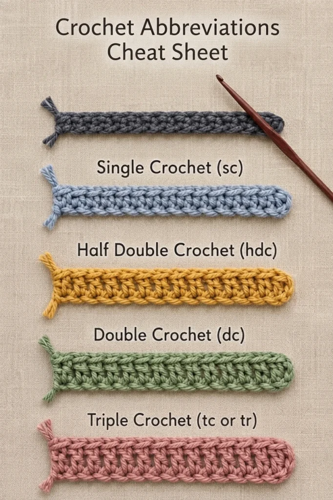 Échantillons de crochet gris, bleu, jaune, vert et rose avec leurs noms et abréviations, sous le titre « Crochet Abbreviations Cheat Sheet ».