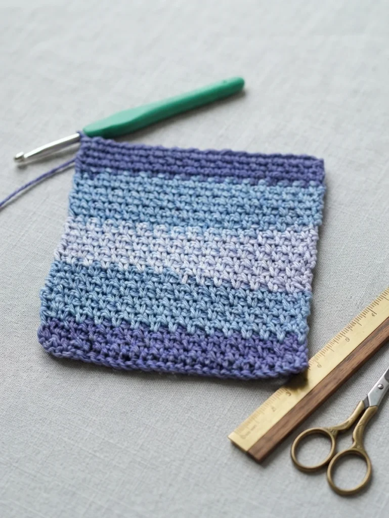 A striped blue and purple crochet swatch beside a crochet hook, ruler, and scissors.