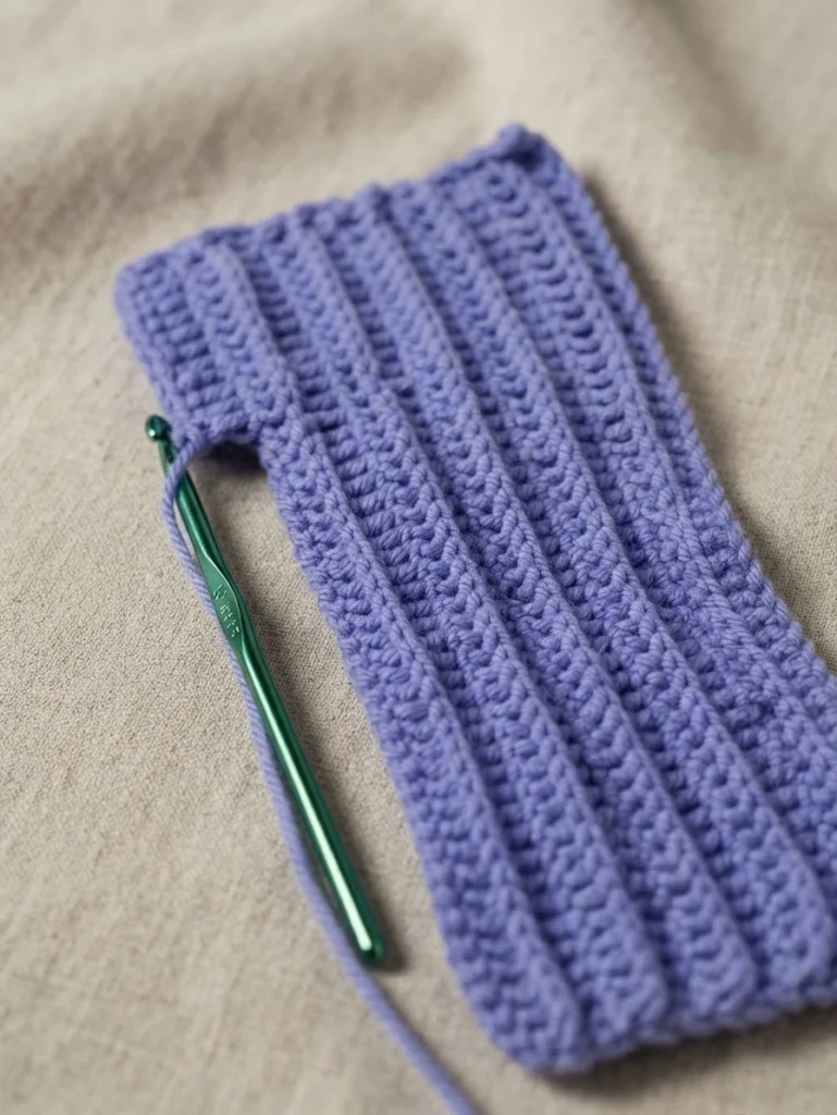 A purple ribbed crochet swatch with a green hook and attached yarn on a neutral fabric background.